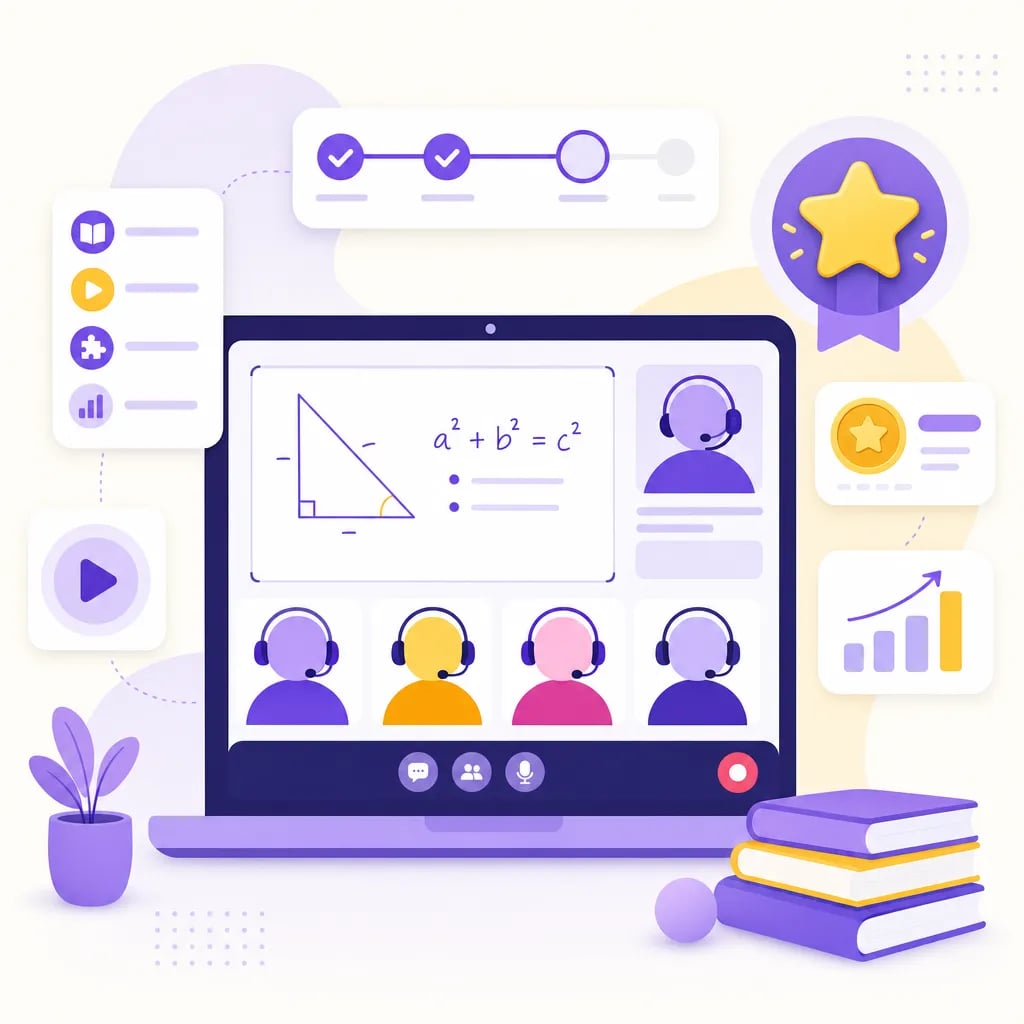 Ilustrasi cara kerja les matematika online untuk anak: kelas live grup kecil di layar dengan kurikulum bertahap dan gamifikasi