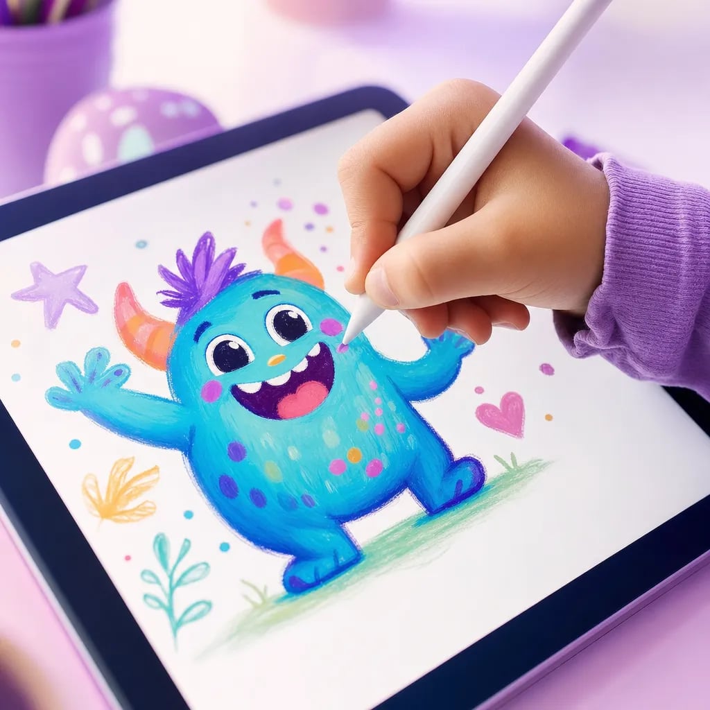Anak menggambar karakter digital berwarna-warni di tablet dengan stylus