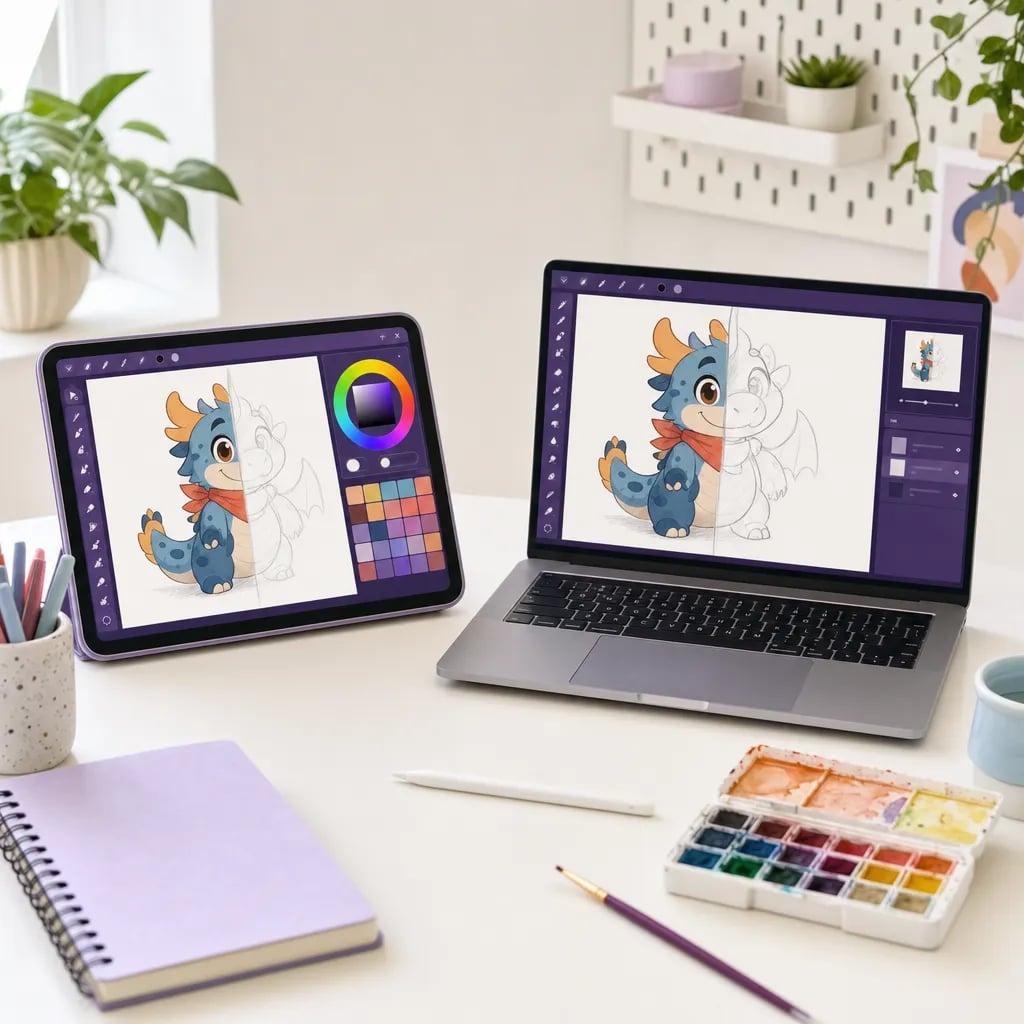 Tablet dan laptop menampilkan kanvas menggambar digital dengan karakter kartun dan palet warna