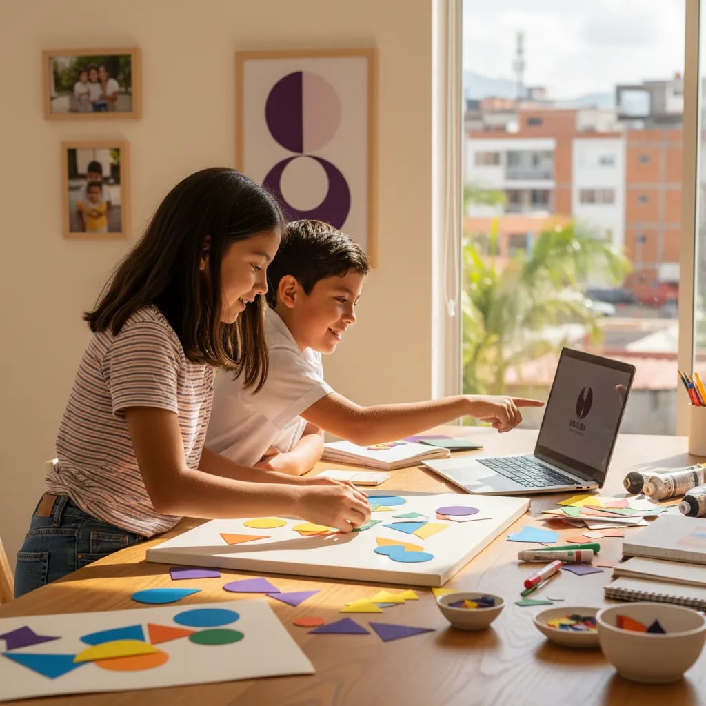 Two children collaborating on a design project, arranging colorful shapes and reviewing a logo on the computer