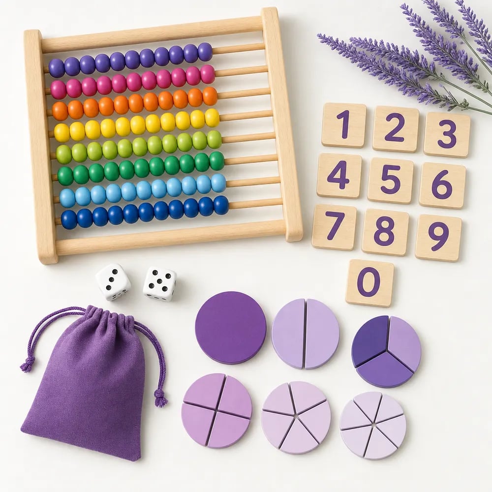Ábaco de colores, fichas de números y piezas de fracciones para practicar matemáticas en casa