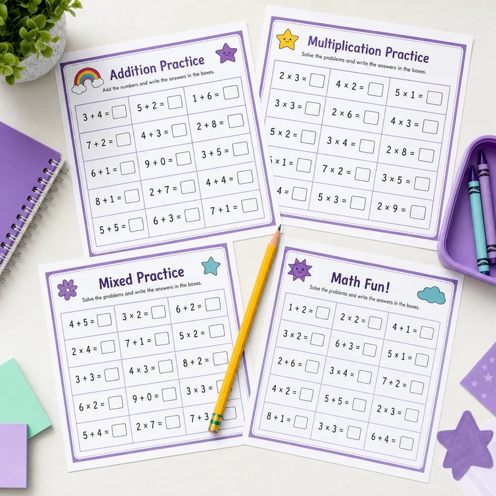 Hojas de ejercicios de matemáticas para imprimir con sumas y multiplicaciones para niños de primaria
