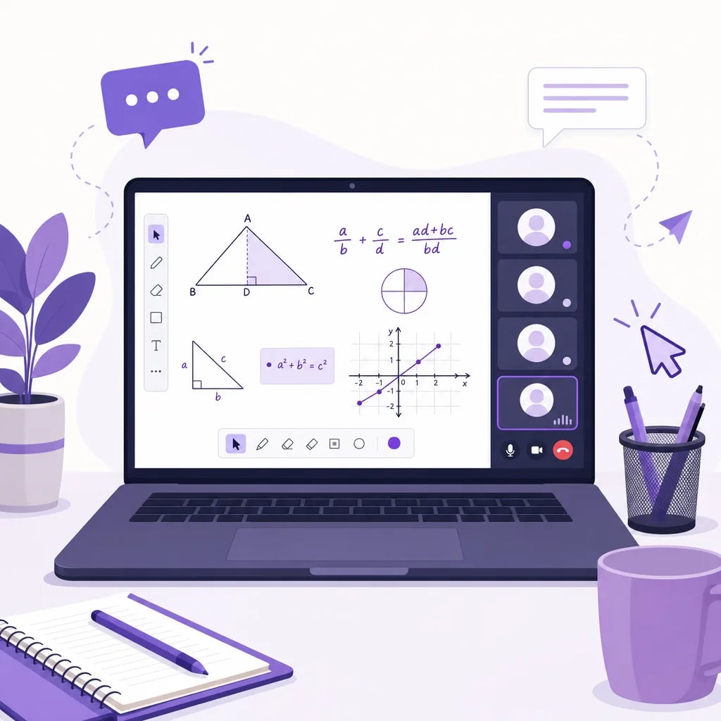 Clase de matemáticas en vivo de Algonova en una laptop: pizarra digital con geometría y una videollamada de grupo pequeño con el maestro.
