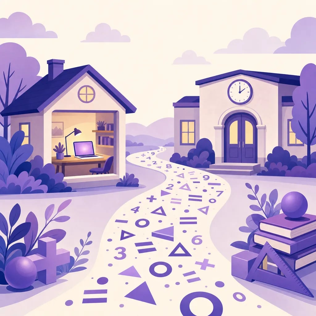 Comparación de dos formatos de aprendizaje: a la izquierda una casa con laptop (clase online desde casa), a la derecha un centro presencial, unidos por un camino de símbolos matemáticos.