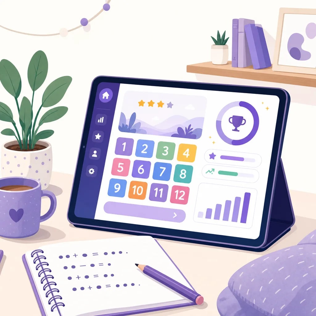 Tablet sobre un escritorio en casa mostrando una app de matemáticas adaptativa con fichas de números, un anillo de progreso y estrellas.