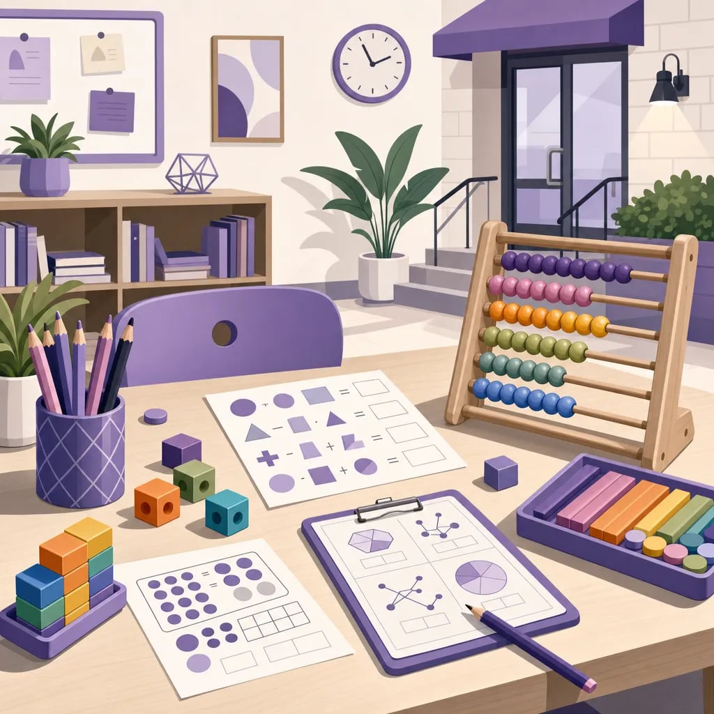Centro de tutoría de matemáticas presencial: mesa con hojas de ejercicios, ábaco de madera, bloques de colores y la entrada de un local al fondo.