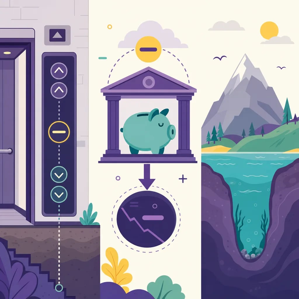 Elevator with floors below ground, a bank account with a negative balance, and a valley below sea level: everyday examples of negative numbers