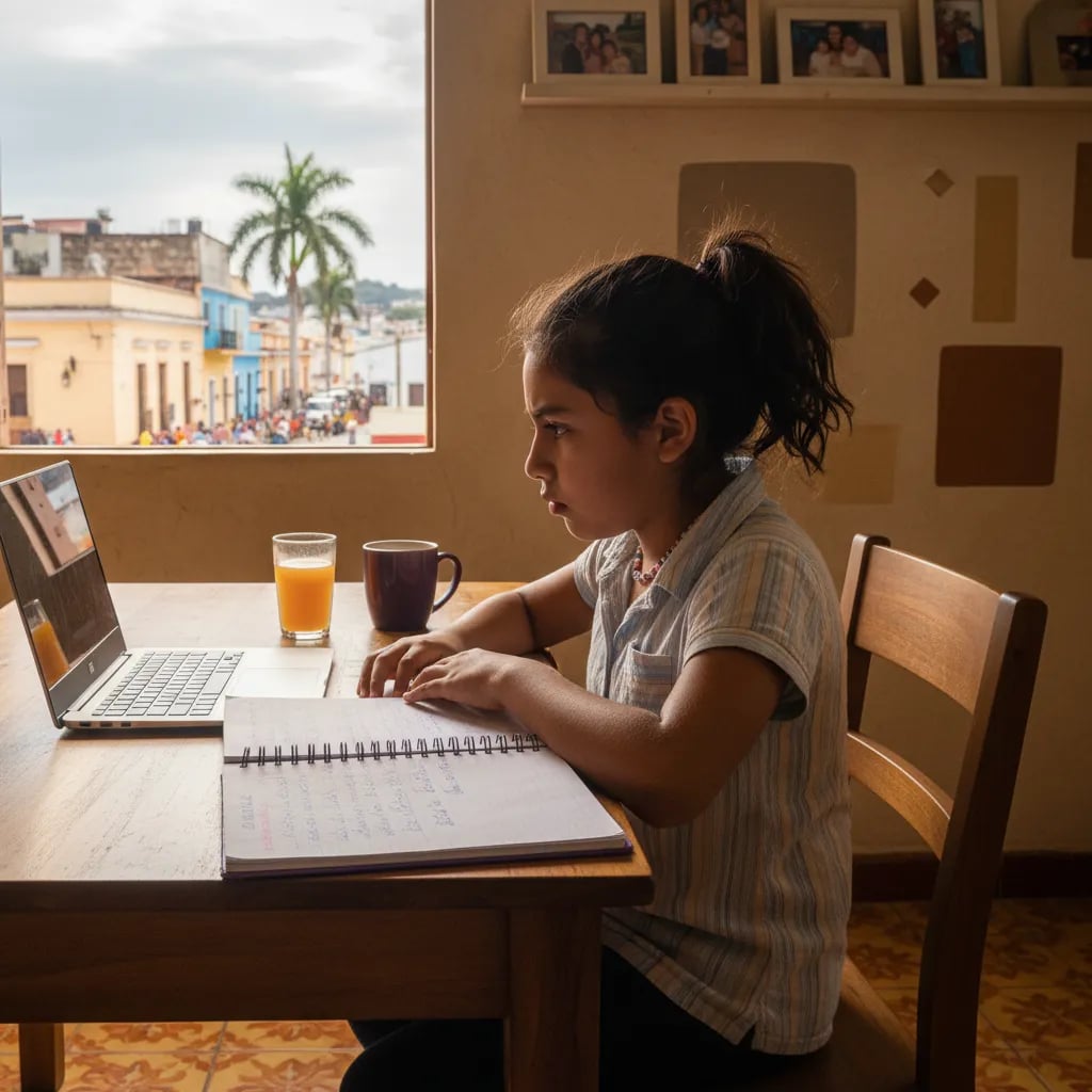 niña de 9 años en la mesa del comedor con un ejercicio en el portátil y un cuaderno durante sus vacaciones