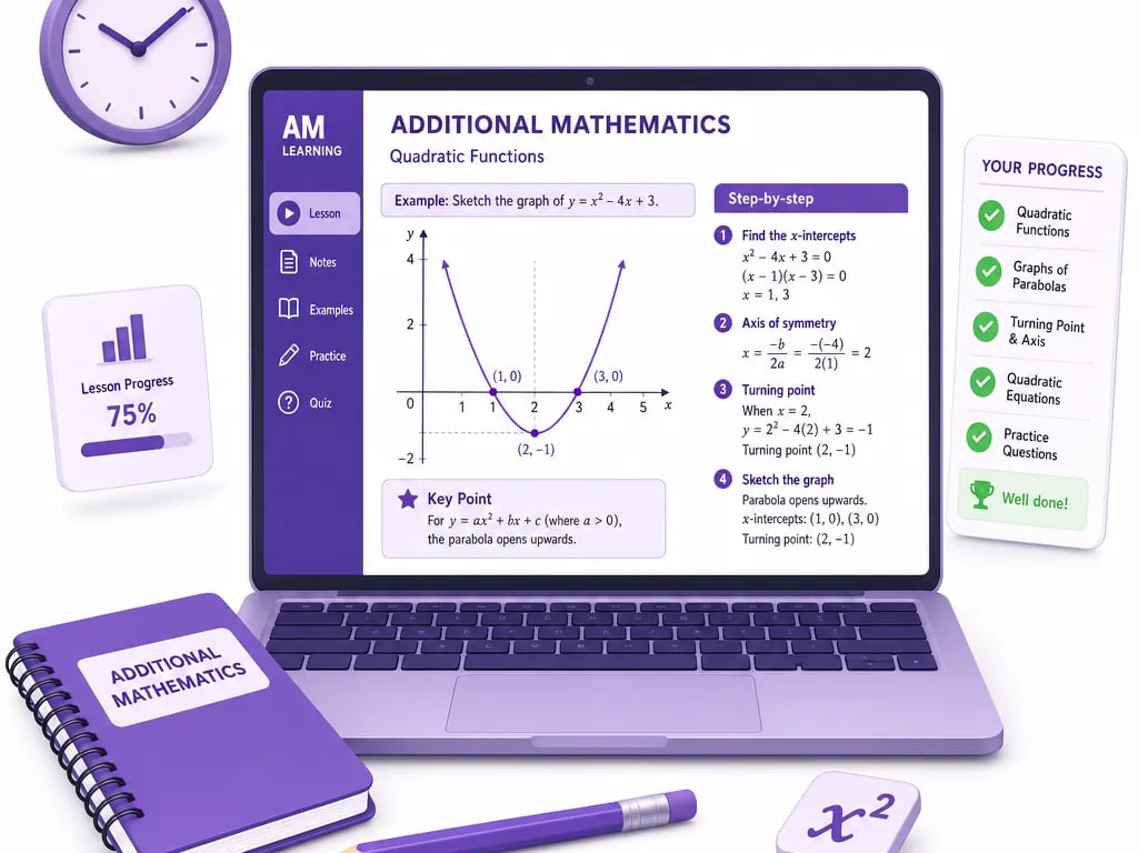Pelajar Tingkatan 5 membuat tuisyen SPM Add Maths dalam talian di komputer riba, menyelesaikan soalan pembezaan di meja belajar di rumah