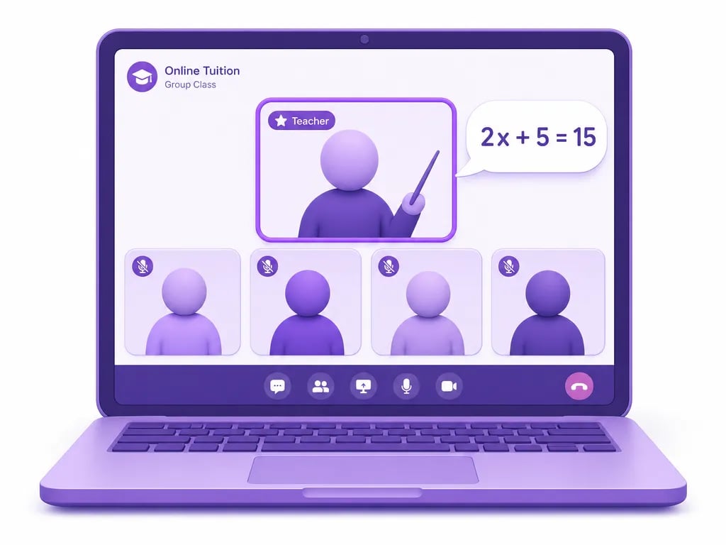 Kumpulan tuisyen Add Maths dalam talian kecil pada skrin komputer riba menunjukkan guru bertauliah menerangkan graf trigonometri kepada pelajar Tingkatan 4