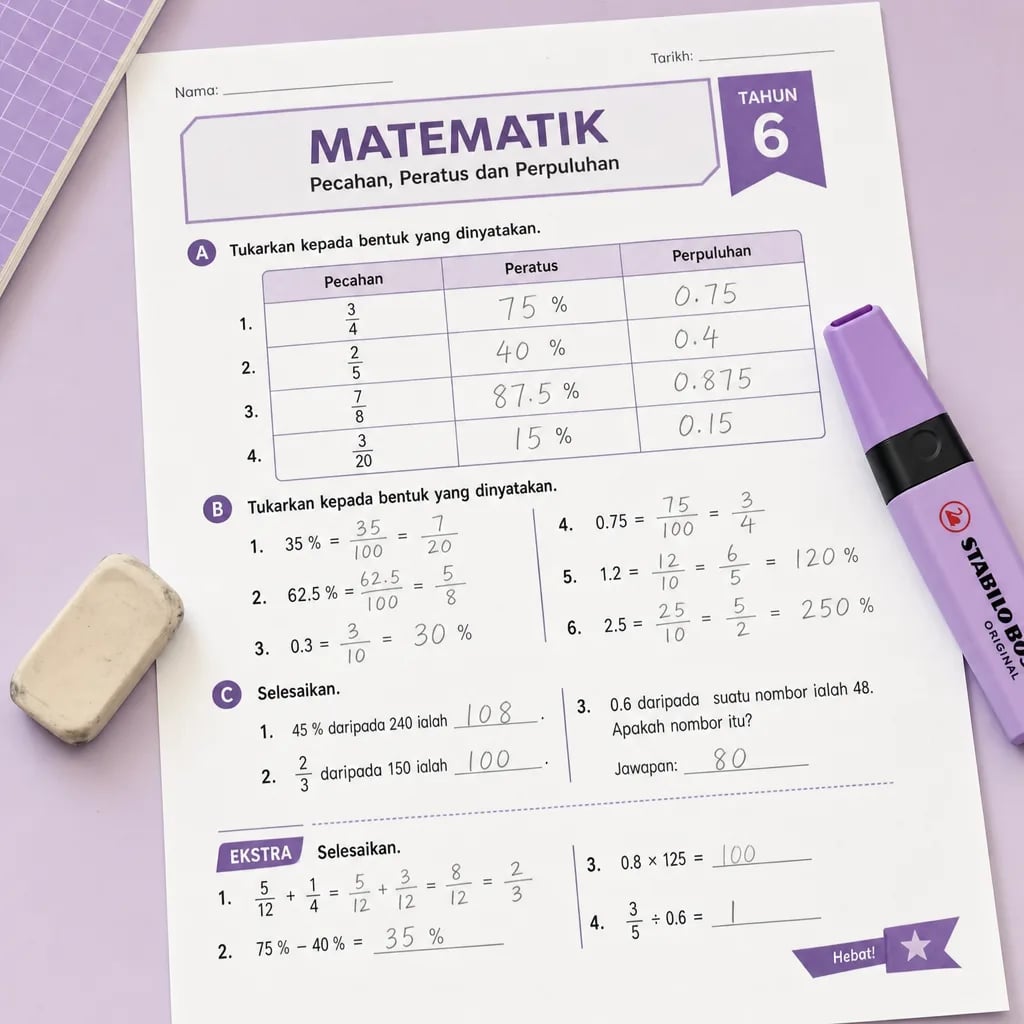 Lembaran latihan Matematik Tahun 6 tentang pecahan, peratus dan perpuluhan