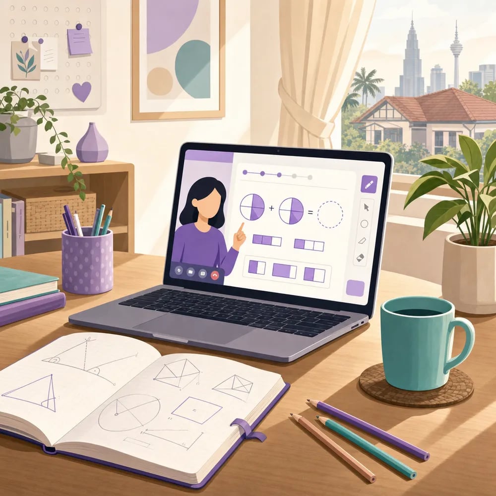 A cozy Malaysian home study corner: a laptop showing a live online math lesson with fractions on screen, next to an open notebook with geometry sketches.