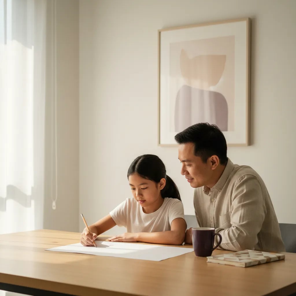 Malaysian father and his Year 5 daughter reviewing a maths worksheet together at home