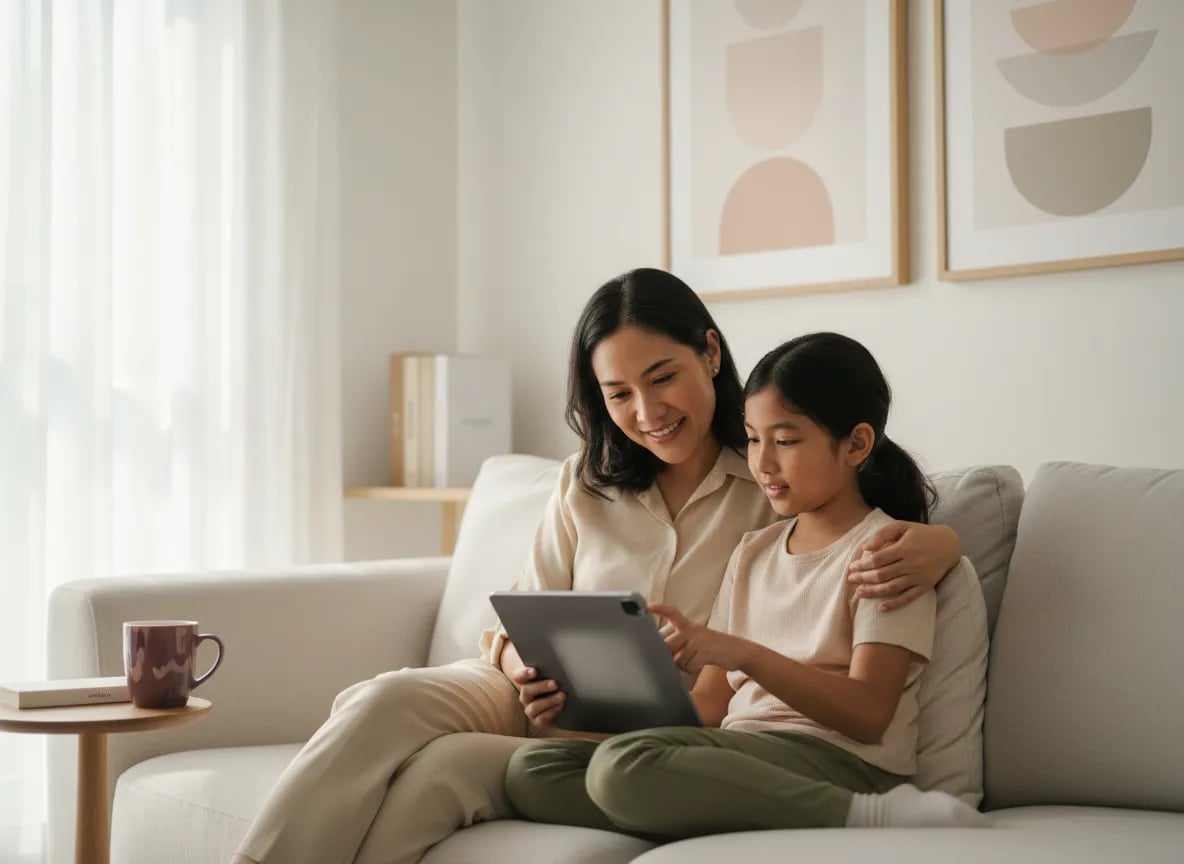 Ibu dan anak perempuan Malaysia duduk di sofa melihat tablet bersama sambil berbual dengan tenang tentang chatbot AI