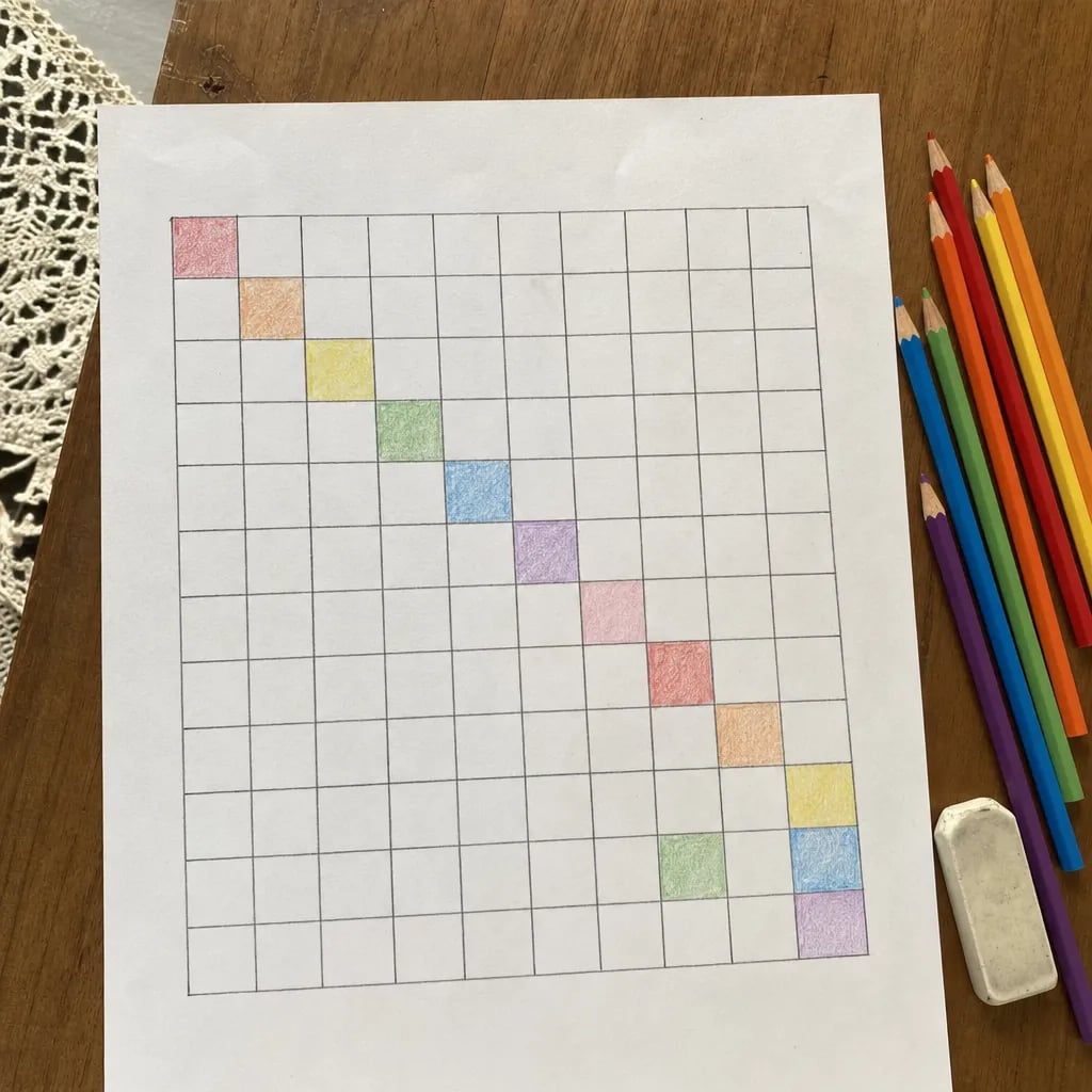 Grid on paper with shaded diagonal squares for spotting patterns in the multiplication table
