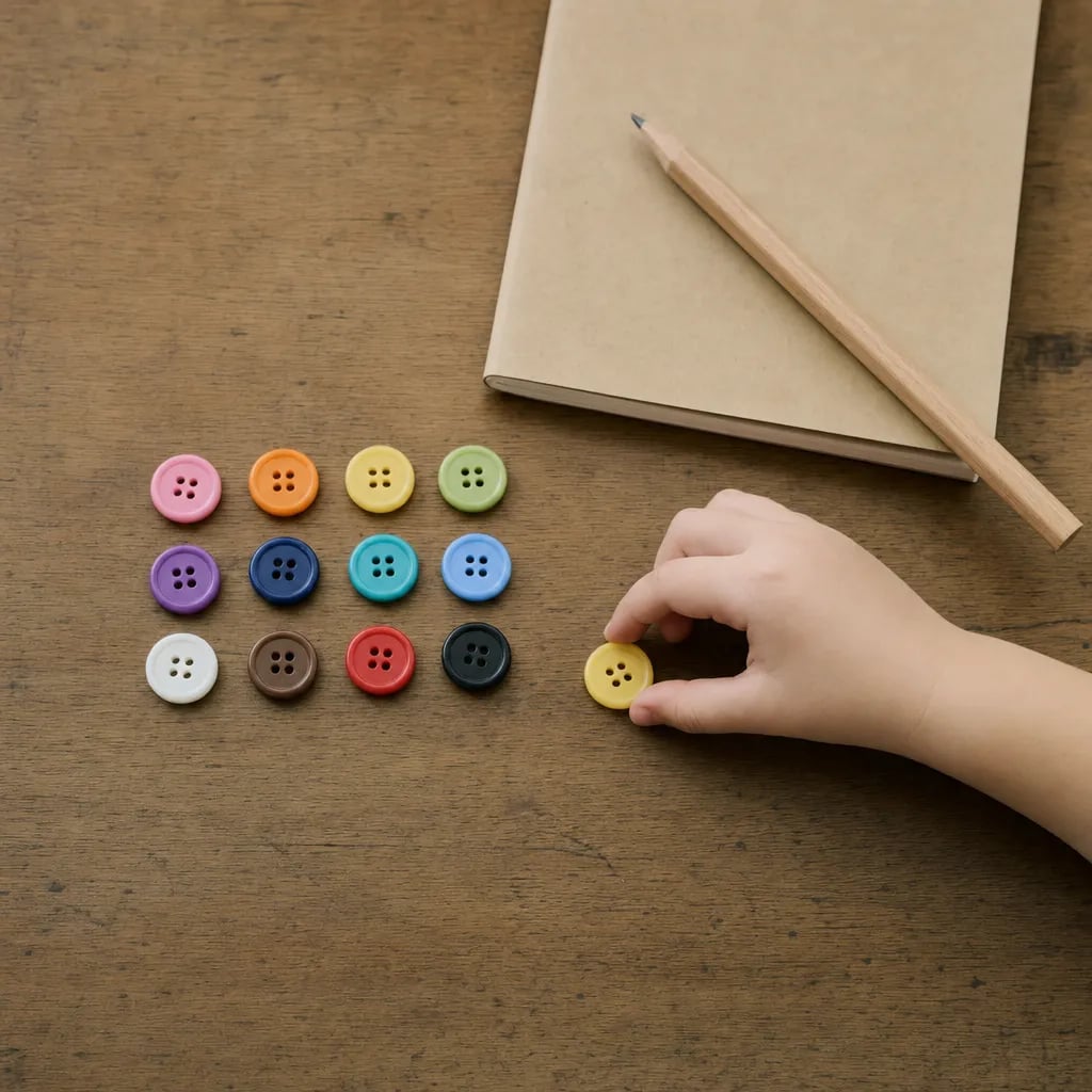 Child laying out buttons in equal rows to see how multiplication facts can be flipped