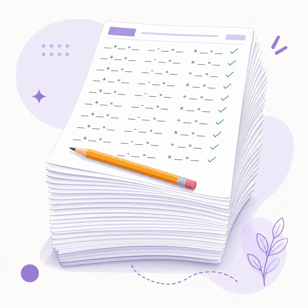 A month of Kumon is a stack of daily worksheets — short, repetitive practice sets a child completes at home most days of the week.