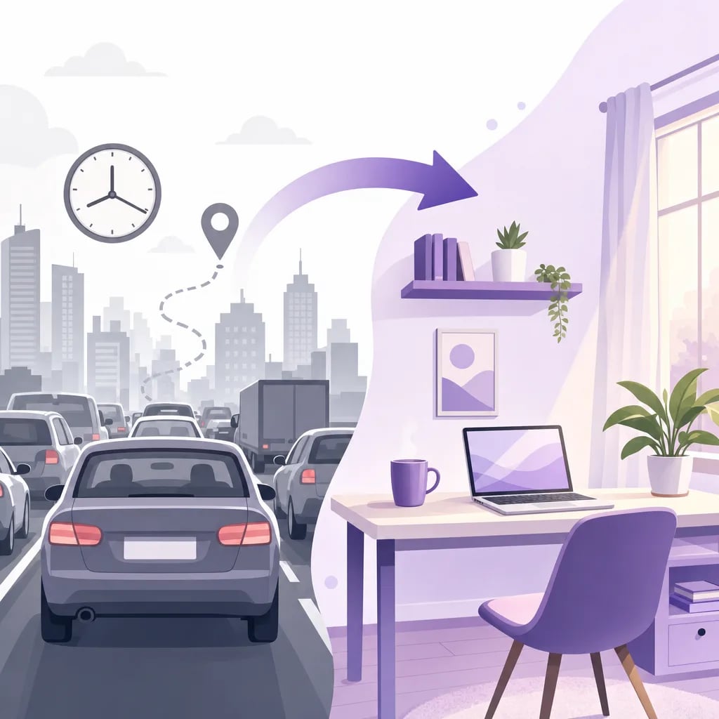 Ilustración que contrasta el tránsito de la ciudad con reloj y pin de ubicación frente a un rincón de estudio en casa con una computadora, una taza y una planta