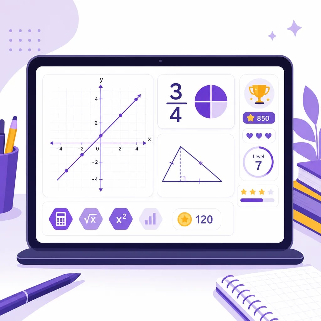 Pantalla de una clase de matemática online para chicos con una cuadrícula de coordenadas, la fracción tres cuartos, un triángulo y elementos de gamificación como estrellas, un trofeo y puntos